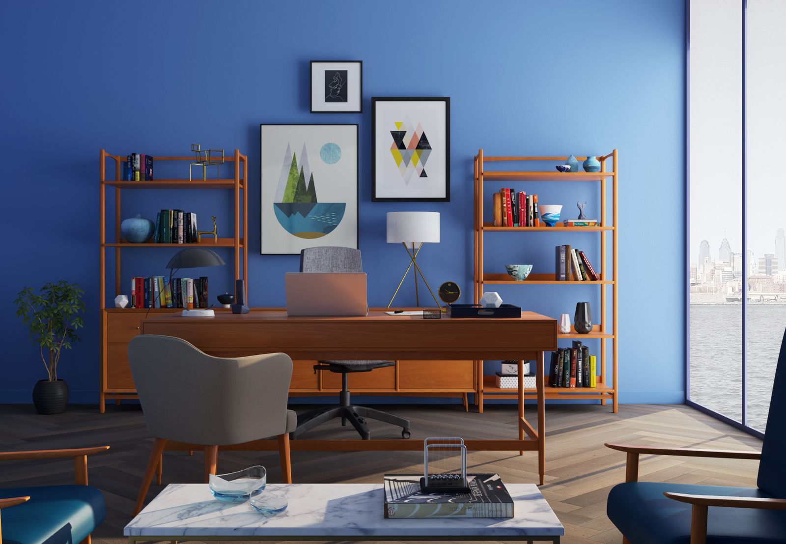 Blue home office with wooden shelving